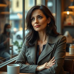 A realistic photograph of a 40-year-old woman with dark hair and Mediterranean features, seated in a cozy cafe