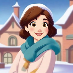 Side pose of a cartoon girl, cozily dressed in a winter dress and muffler, cheerfully facing the chilly weather.