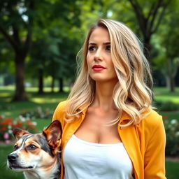 A realistic portrait of a 35-year-old woman with light hair and Mediterranean features, standing in a park with her dog