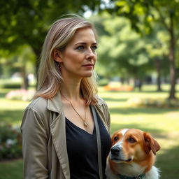 A realistic portrait of a 35-year-old woman with light hair and Mediterranean features, standing in a park with her dog