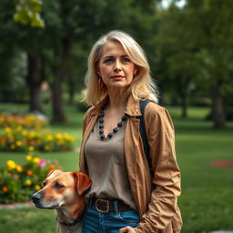 A realistic portrait of a 35-year-old woman with light hair and Mediterranean features, standing in a park with her dog