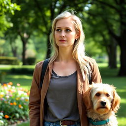 A realistic portrait of a 35-year-old woman with light hair and Mediterranean features, standing in a park with her dog