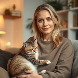 A realistic portrait of a 30-year-old woman with light hair and Mediterranean features, sitting at home with her cat