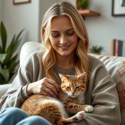 A realistic portrait of a 30-year-old woman with light hair and Mediterranean features, sitting at home with her cat