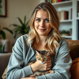 A realistic portrait of a 30-year-old woman with light hair and Mediterranean features, sitting at home with her cat
