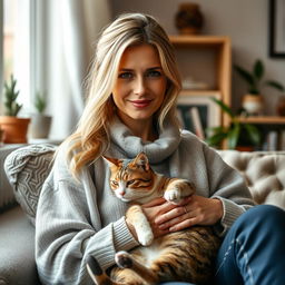 A realistic portrait of a 30-year-old woman with light hair and Mediterranean features, sitting at home with her cat