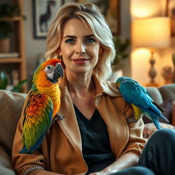 A realistic portrait of a 30-year-old woman with light hair and Mediterranean features, sitting comfortably at home with her parrot