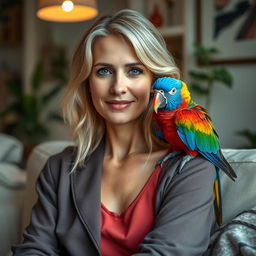 A realistic portrait of a 30-year-old woman with light hair and Mediterranean features, sitting comfortably at home with her parrot