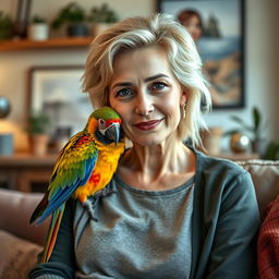 A realistic portrait of a 30-year-old woman with light hair and Mediterranean features, sitting comfortably at home with her parrot