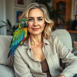 A realistic portrait of a 30-year-old woman with light hair and Mediterranean features, sitting comfortably at home with her parrot