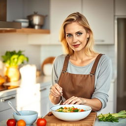 A realistic portrait of a 30-year-old woman with light hair and Mediterranean features, focused on cooking in a modern kitchen