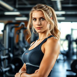 A realistic portrait of a 30-year-old woman with light hair and Mediterranean features, dressed in athletic wear, standing in a modern gym