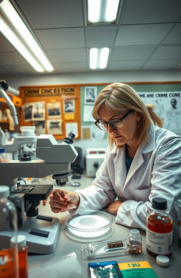 A vibrant laboratory scene showcasing a forensic scientist analyzing evidence, surrounded by crime scene tools and samples
