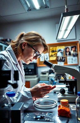 A vibrant laboratory scene showcasing a forensic scientist analyzing evidence, surrounded by crime scene tools and samples