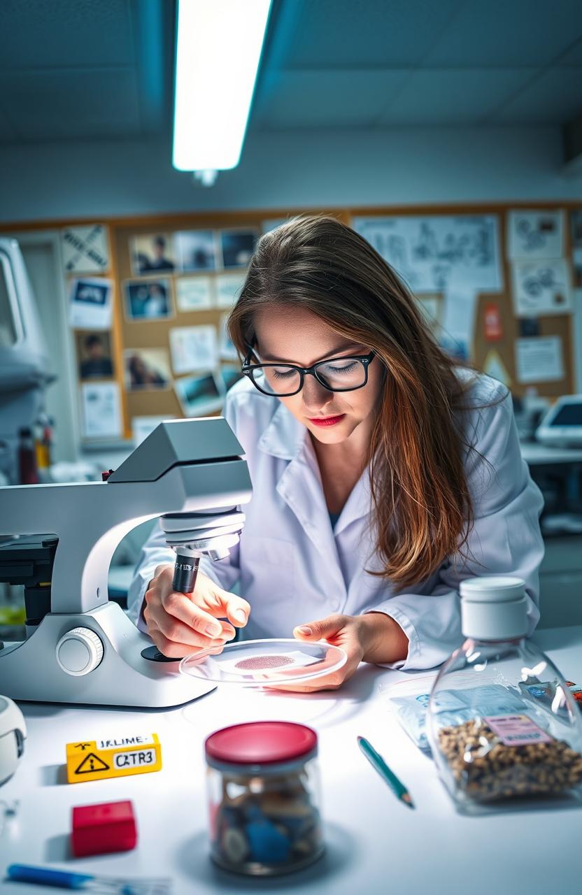 A vibrant laboratory scene showcasing a forensic scientist analyzing evidence, surrounded by crime scene tools and samples