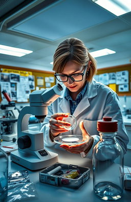 A vibrant laboratory scene showcasing a forensic scientist analyzing evidence, surrounded by crime scene tools and samples