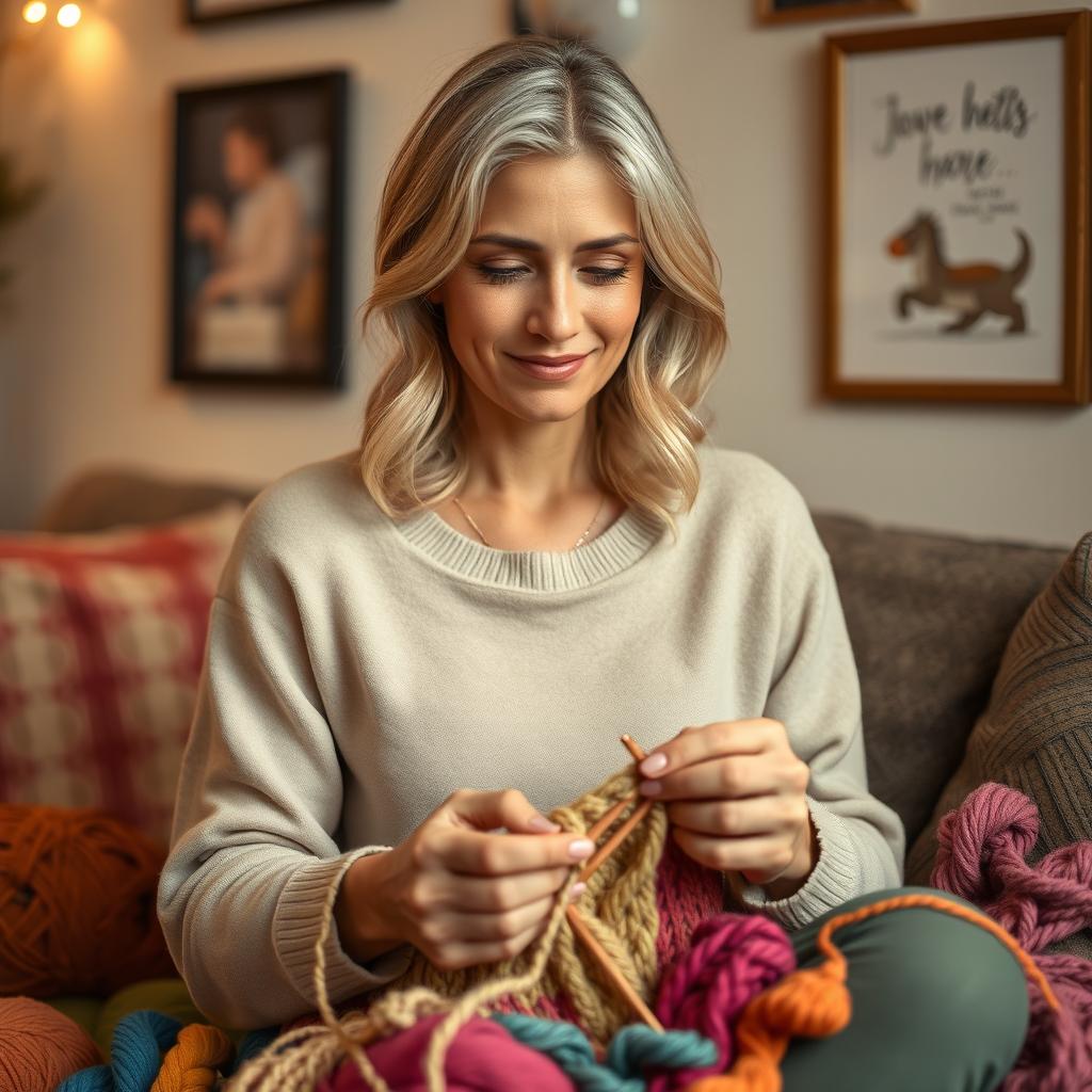 A realistic portrait of a 30-year-old woman with light hair and Mediterranean features, engaged in knitting with colorful yarn