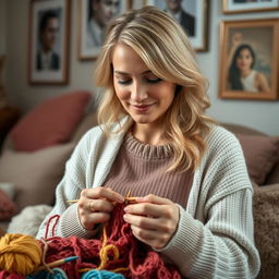 A realistic portrait of a 30-year-old woman with light hair and Mediterranean features, engaged in knitting with colorful yarn