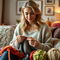 A realistic portrait of a 30-year-old woman with light hair and Mediterranean features, engaged in knitting with colorful yarn