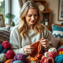 A realistic portrait of a 30-year-old woman with light hair and European features, engaged in knitting with colorful yarn