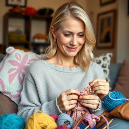 A realistic portrait of a 30-year-old woman with light hair and European features, engaged in knitting with colorful yarn