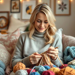 A realistic portrait of a 30-year-old woman with light hair and European features, engaged in knitting with colorful yarn