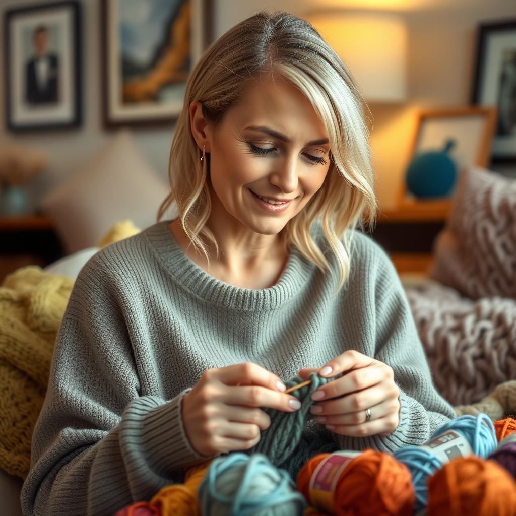 A realistic portrait of a 30-year-old woman with light hair and European features, engaged in knitting with colorful yarn