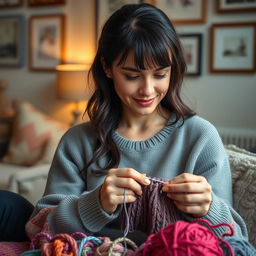 A realistic portrait of a 30-year-old woman with dark hair and European features, engaged in knitting with colorful yarn