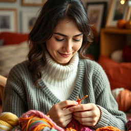 A realistic portrait of a 30-year-old woman with dark hair and European features, engaged in knitting with colorful yarn