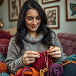 A realistic portrait of a 30-year-old woman with dark hair and European features, engaged in knitting with colorful yarn