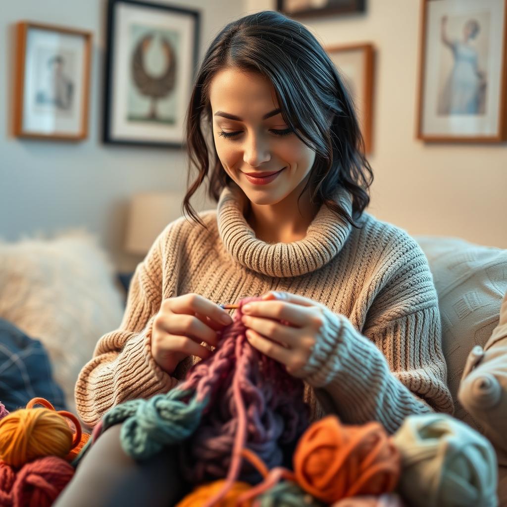 A realistic portrait of a 30-year-old woman with dark hair and European features, engaged in knitting with colorful yarn