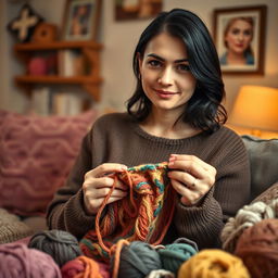 A realistic portrait of a 30-year-old woman with dark hair and European features, engaged in knitting with colorful yarn while looking directly at the camera