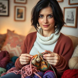 A realistic portrait of a 30-year-old woman with dark hair and European features, engaged in knitting with colorful yarn while looking directly at the camera