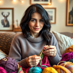 A realistic portrait of a 30-year-old woman with dark hair and European features, engaged in knitting with colorful yarn while looking directly at the camera