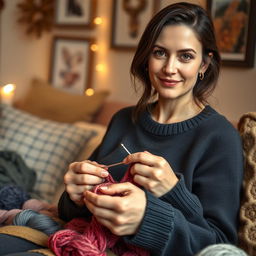 A realistic portrait of a 30-year-old woman with dark hair and European features, engaged in knitting with colorful yarn while looking directly at the camera