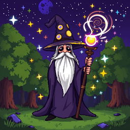 A whimsical pixel art style wizard character, with a long flowing robe, a tall pointed hat adorned with stars and moons, and a long beard