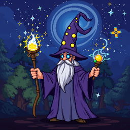A whimsical pixel art style wizard character, with a long flowing robe, a tall pointed hat adorned with stars and moons, and a long beard
