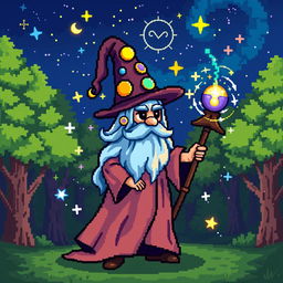 A whimsical pixel art style wizard character, with a long flowing robe, a tall pointed hat adorned with stars and moons, and a long beard