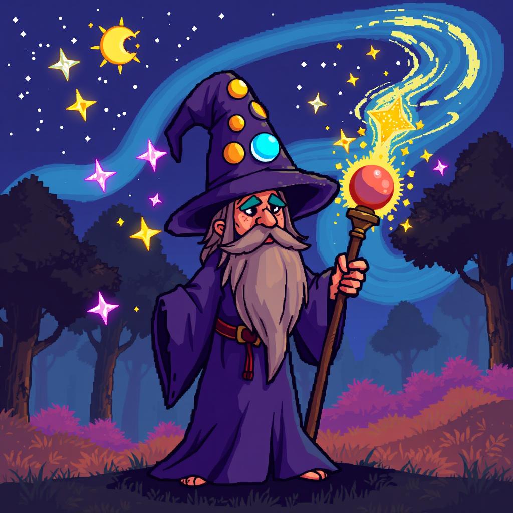 A whimsical pixel art style wizard character, with a long flowing robe, a tall pointed hat adorned with stars and moons, and a long beard