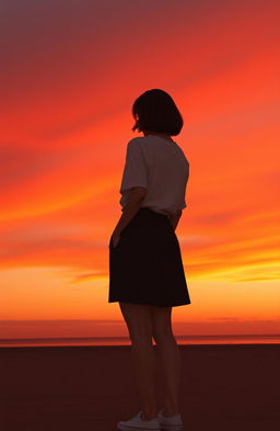 A minimalist and elegant scene depicting a woman with shoulder-length hair, standing with her back to the viewer in a contemplative pose