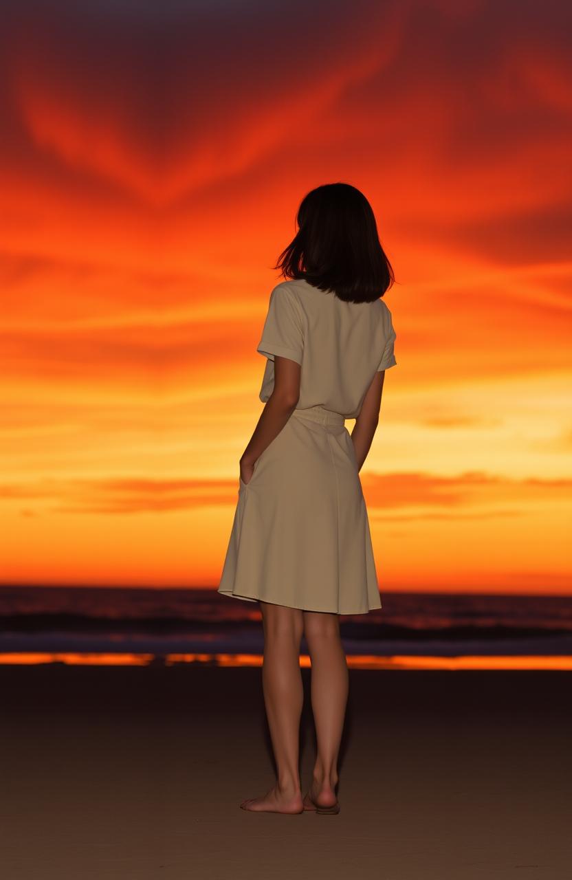 A minimalist and elegant scene depicting a woman with shoulder-length hair, standing with her back to the viewer in a contemplative pose