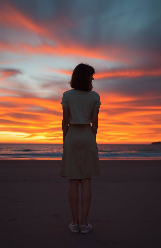 A minimalist and elegant scene depicting a woman with shoulder-length hair, standing with her back to the viewer in a contemplative pose