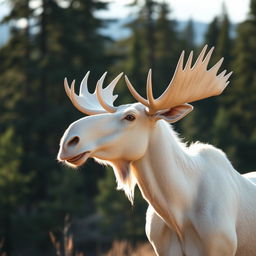 A majestic white moose gazing into the distance with a serene expression, surrounded by a lush forest landscape, with soft diffused sunlight casting gentle shadows