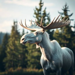 A majestic white moose gazing into the distance with a serene expression, surrounded by a lush forest landscape, with soft diffused sunlight casting gentle shadows