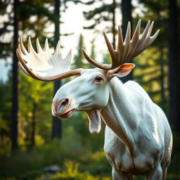A majestic white moose gazing into the distance with a serene expression, surrounded by a lush forest landscape, with soft diffused sunlight casting gentle shadows