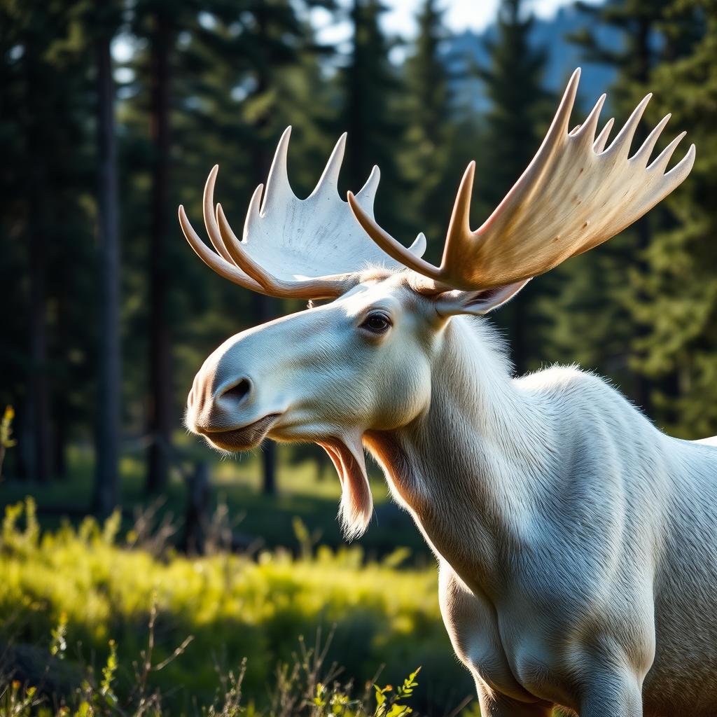 A majestic white moose gazing into the distance with a serene expression, surrounded by a lush forest landscape, with soft diffused sunlight casting gentle shadows