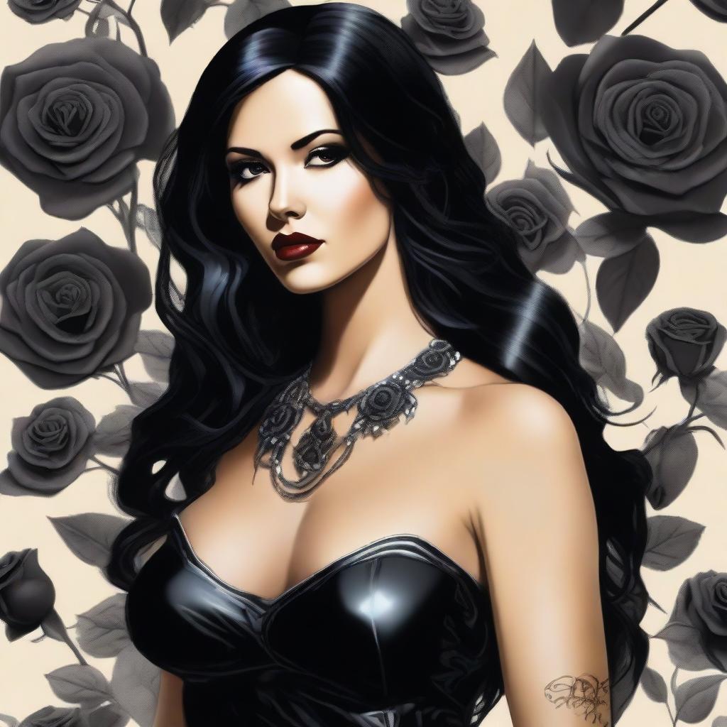 Create a highly realistic image of a woman with glossy black hair and intense black eyes amidst an arrangement of black roses