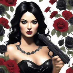 Create a highly realistic image of a woman with glossy black hair and intense black eyes amidst an arrangement of black roses