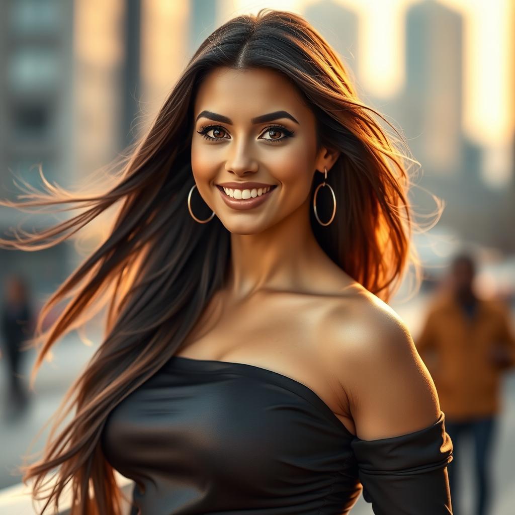 A stunningly realistic portrait of an attractive woman with flowing long hair and a confident smile, wearing a stylish and elegant outfit that showcases her figure without being overly revealing