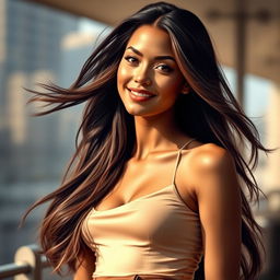 A stunningly realistic portrait of an attractive woman with flowing long hair and a confident smile, wearing a stylish and elegant outfit that showcases her figure without being overly revealing
